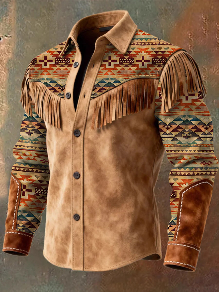 Men's Retro Western Style Art Print Vintage Tassel Casual Long Sleeve Shirt